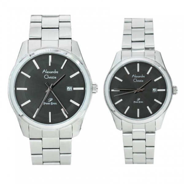 Alexandre Christie AC 1027 Silver Black Steel Couple